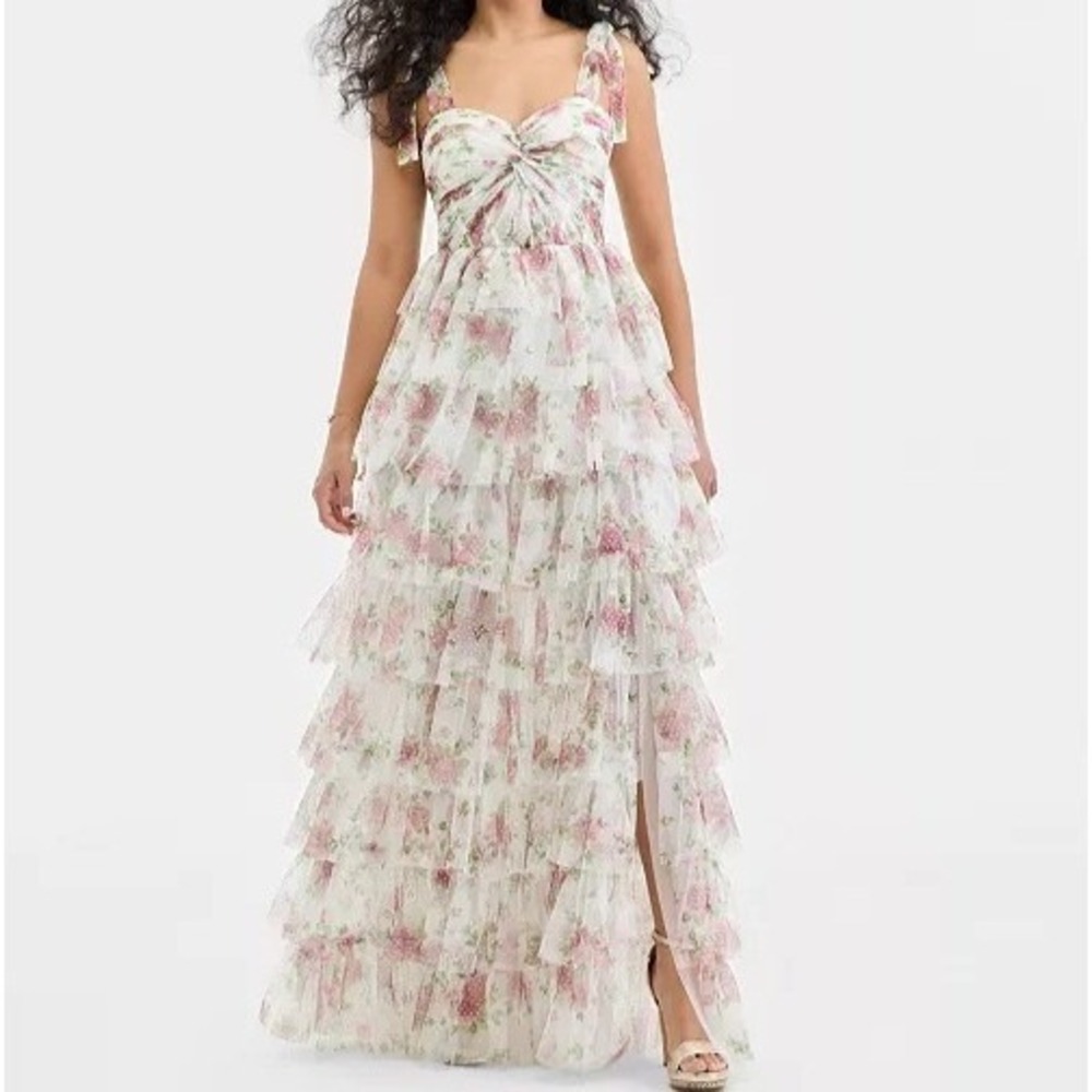 City Studios Printed Glitter Mesh Tiered Tie Shoulders Dress Juniors Size 5/6